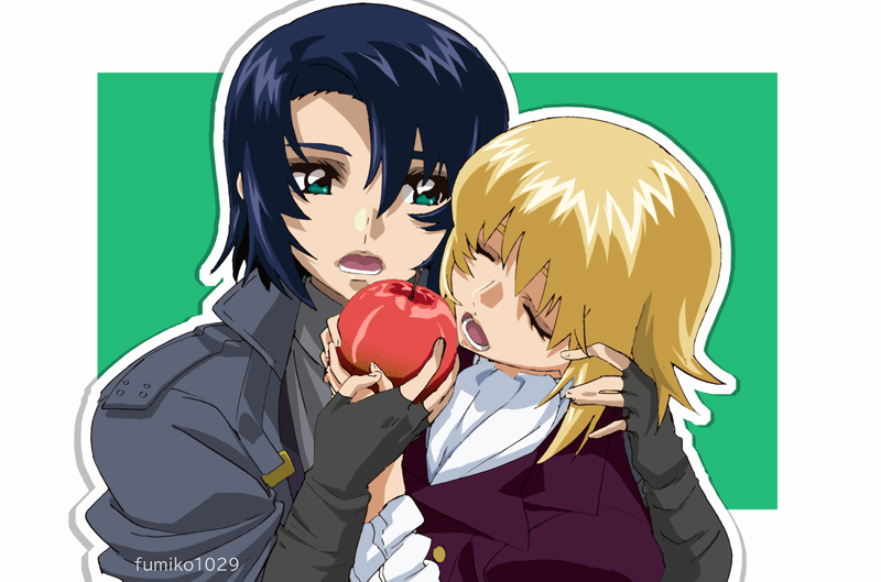 1boy, 1girl, apple, artist_name, ascot, athrun_zala, blonde_hair, blue_hair