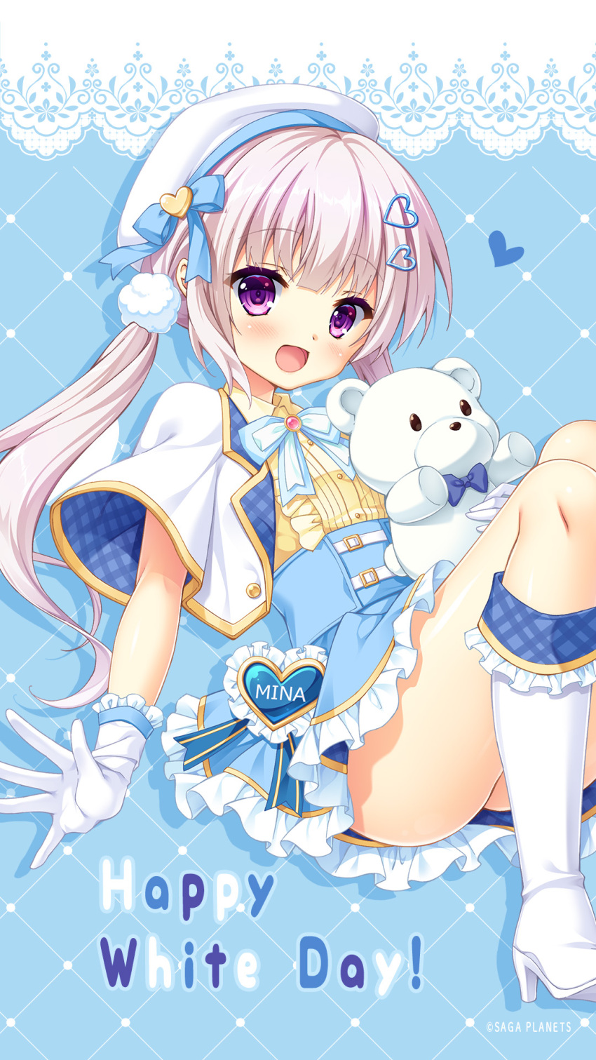 1girl, :d, alternate_costume, alternate_hairstyle, arm_at_side, beret, blue_background, blue_bow