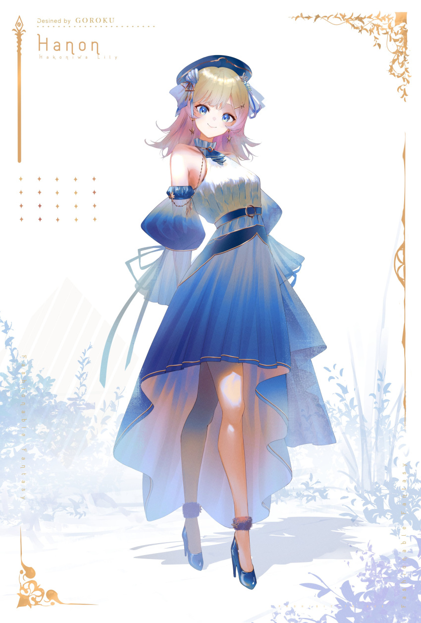1girl, absurdres, aiceclass, anklet, bare_shoulders, beret, black_footwear, blonde_hair