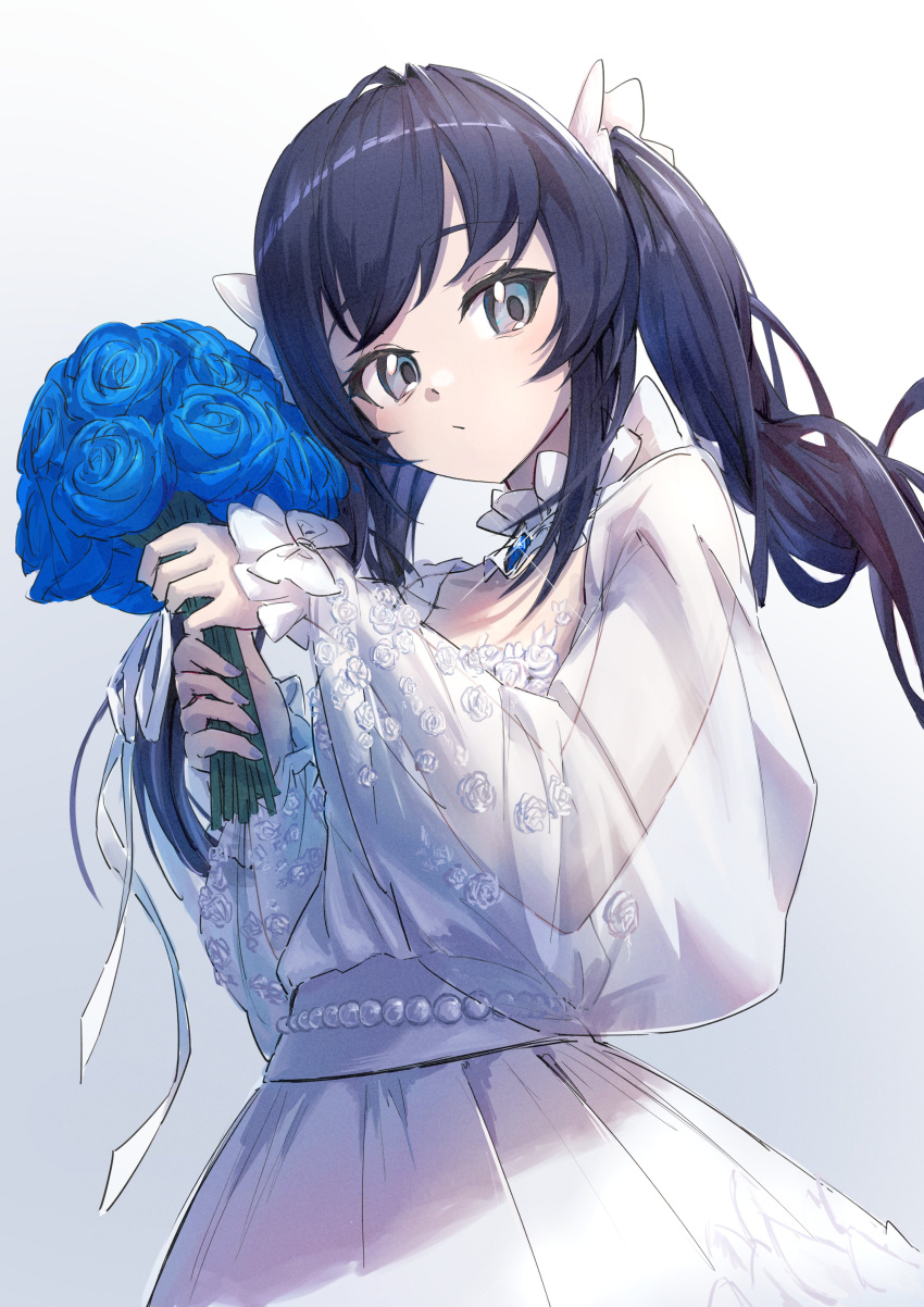 1girl, :/, absurdres, armillarphere_v, black_hair, blue_eyes, blue_flower, bouquet, bow, brooch, closed_mouth, cowboy_shot, detached_collar, dress, flower, glint, hair_bow, highres, holding, holding_bouquet, jewelry, long_hair, long_sleeves, looking_at_viewer, nijisanji, pleated_dress, ponto_nei, see-through, see-through_sleeves, sidelocks, simple_background, solo, swept_bangs, twintails, virtual_youtuber, white_background, white_bow, white_dress