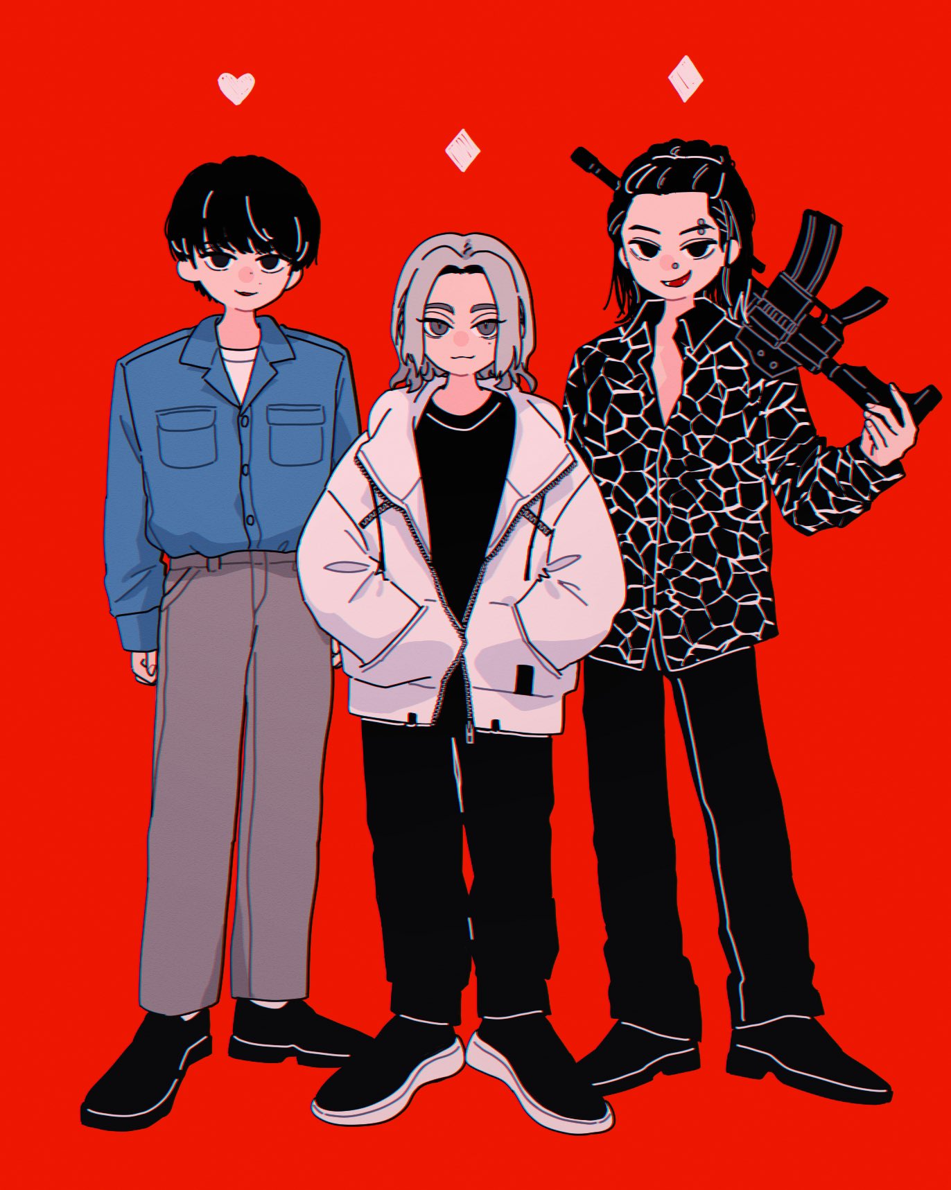 3boys, :3, androgynous, assault_rifle, black_eyes, black_footwear, black_hair, black_pants