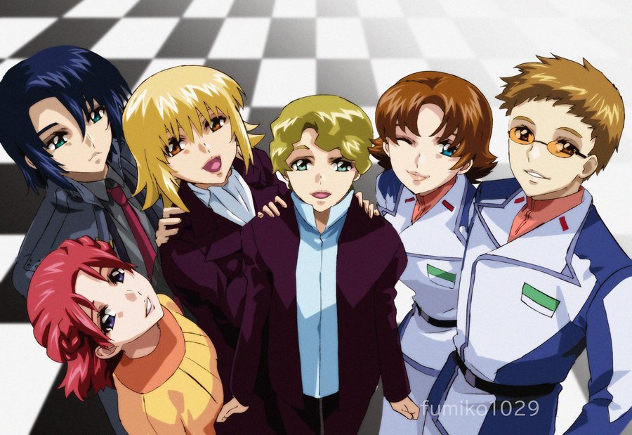 3boys, 3girls, artist_name, athrun_zala, blonde_hair, blue_eyes, blue_hair, brown_hair
