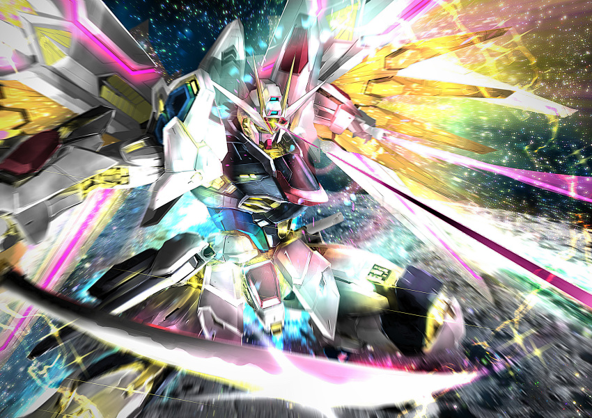absurdres, beam_saber, commentary_request, energy_sword, glowing, gundam, gundam_seed, gundam_seed_freedom