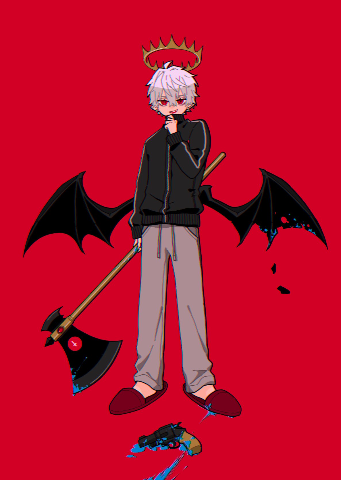 1boy, adjusting_clothes, adjusting_zipper, ahoge, axe, bat_wings, black_jacket, blood, blood_on_axe, blood_on_ground, blood_on_gun, blood_on_weapon, blue_blood, drawstring, floating_crown, full_body, grey_pants, gun, hand_up, highres, holding, holding_axe, jacket, looking_ahead, low_wings, male_focus, nasi_w2, nijisanji, open_mouth, pants, red_background, red_eyes, red_footwear, revolver, short_hair, simple_background, slippers, smile, solo, standing, sweatpants, teeth, track_jacket, upper_teeth_only, weapon, white_hair, wings, zipper