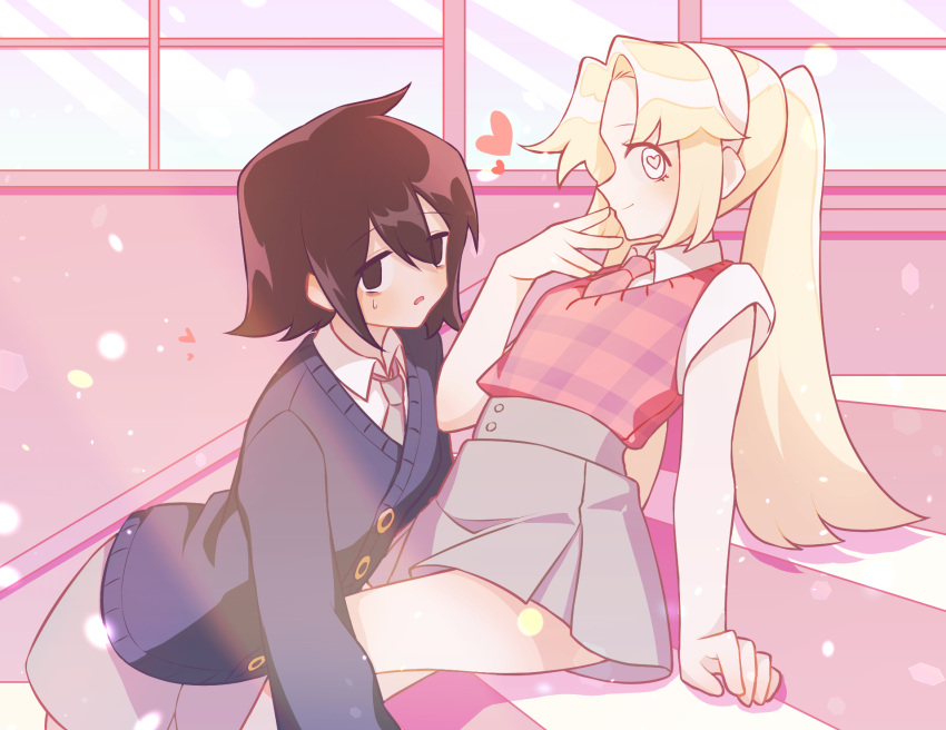 2girls, amelia_lee, beatrice_reden, black_eyes, blonde_hair, blue_cardigan, blush, brown_hair
