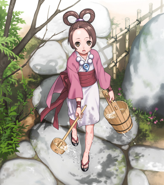 1girl, ace_attorney, brown_eyes, brown_hair, bucket, child, collarbone, flower, geta, hair_rings, ito_fumi, japanese_clothes, jewelry, kimono, long_sleeves, looking_at_viewer, looking_up, lower_teeth_only, magatama, magatama_necklace, necklace, obi, open_mouth, outdoors, parted_bangs, pearl_fey, sandals, sash, short_hair, solo, teeth, tree, twisted_hair, vegetation, walking, water, wide_sleeves, wooden_bucket