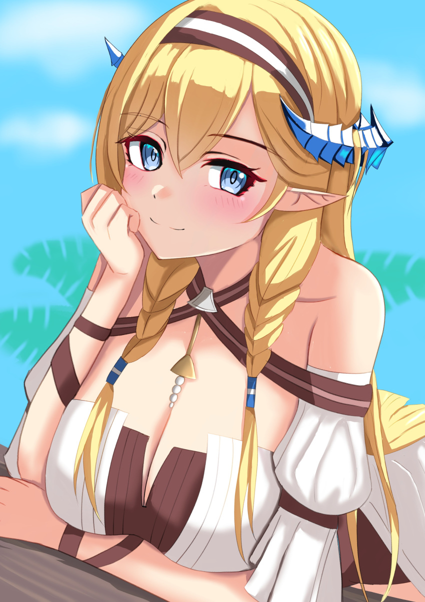 absurdres, arknights, blonde_hair, blue_eyes, breasts, detached_sleeves, dragon_horns, hairband, highres, horns, long_hair, pointy_ears, saileach_(arknights), saileach_(summer_flowers)_(arknights), smile, swimsuit, uiru_(uiruuun), very_long_hair