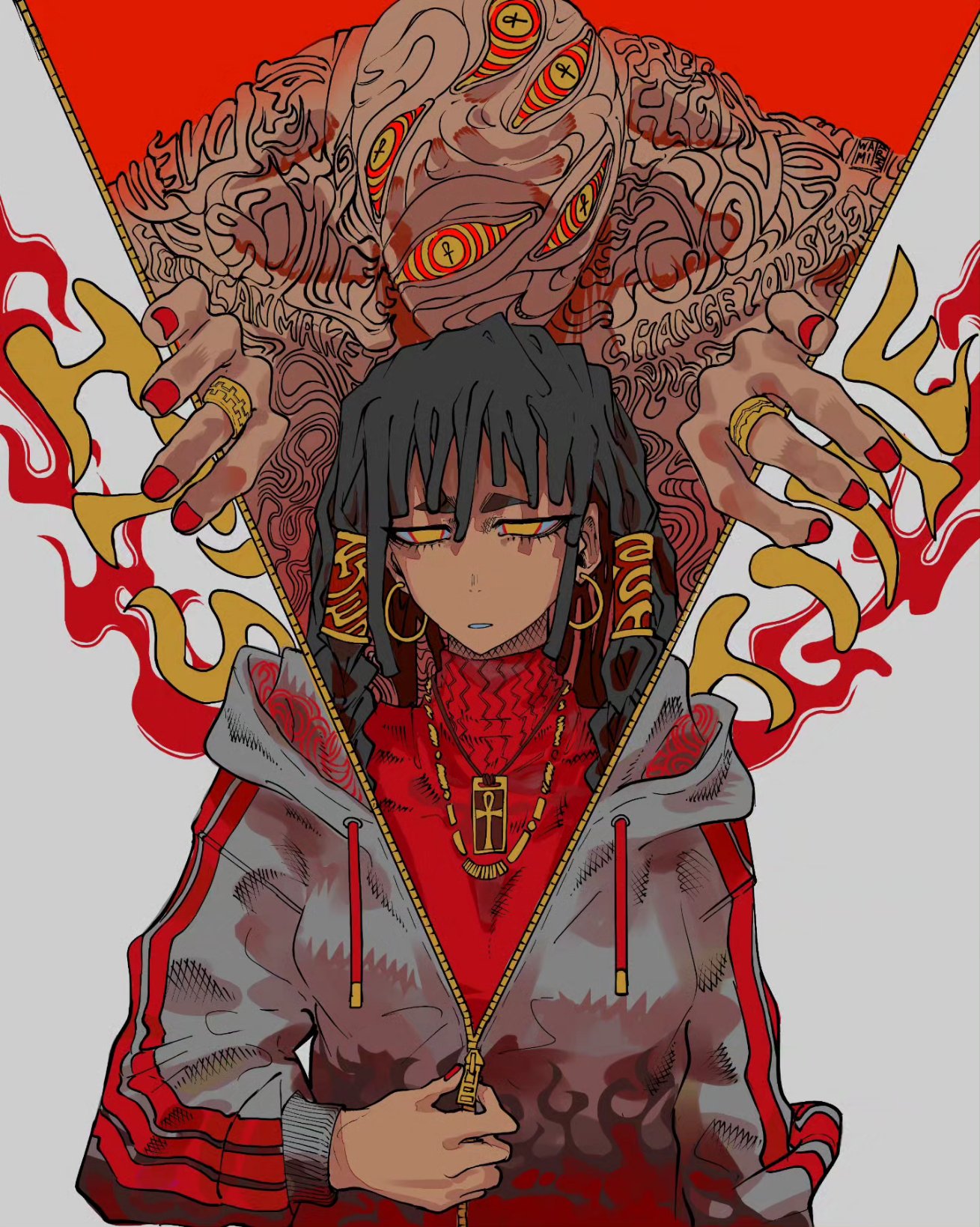 1girl, 1other, black_hair, body_writing, earrings, english_text, expressionless, extra_eyes
