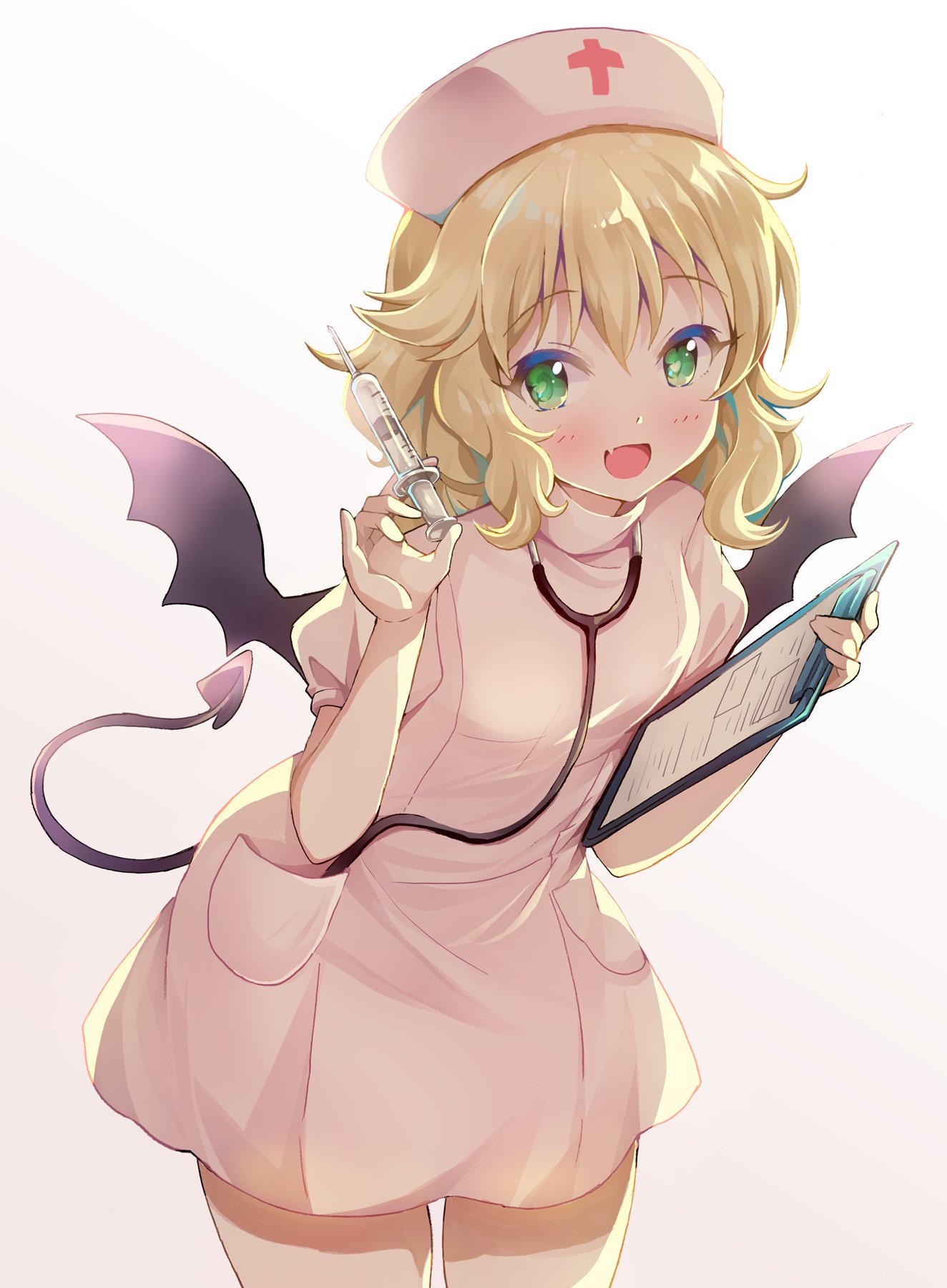 1girl, blonde_hair, blush, commentary, cowboy_shot, demon_tail, dress, fang