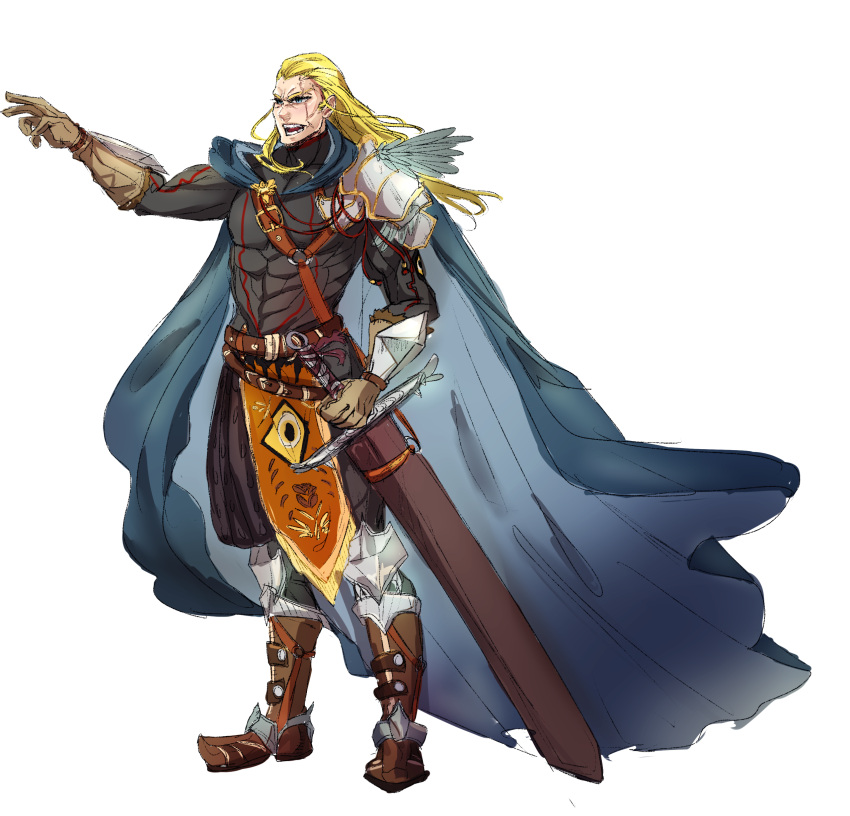 absurdres, armor, belt, blonde_hair, blue_cape, blue_dragon, blue_eyes, brown_footwear, cape, fbschan, full_body, highres, logi_(blue_dragon), muscular, muscular_male, open_mouth, sheath, sheathed, sketch, standing