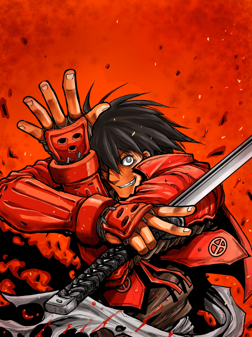 1boy, absurdres, arm_guards, black_hair, clip_studio_paint_(medium), commentary_request, drifters, grey_eyes
