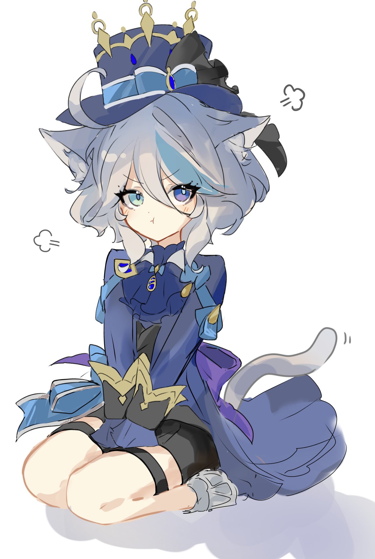 1girl, :t, akizuwa, animal_ears, ascot, black_shorts, blue_ascot, blue_eyes, blue_headwear, blue_jacket, brooch, cat_ears, cat_girl, cat_tail, closed_mouth, full_body, furina_(genshin_impact), genshin_impact, grey_hair, hair_between_eyes, hand_on_lap, hat, heterochromia, highres, jacket, jewelry, kemonomimi_mode, long_sleeves, looking_at_viewer, own_hands_together, pout, puff_of_air, short_hair, shorts, sidelocks, sitting, solo, tail, top_hat, violet_eyes, wariza