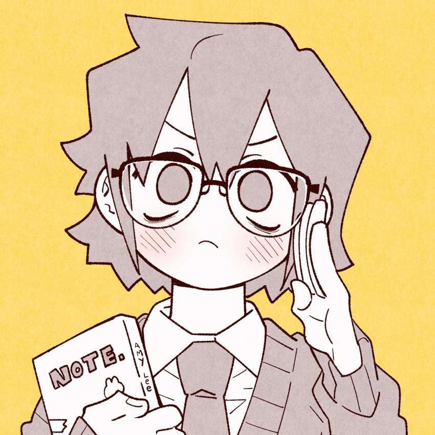 1girl, amelia_lee, blush, book, cardigan, character_name, closed_mouth, collared_shirt, frown, glasses, greyscale_with_colored_background, hair_between_eyes, hand_up, highres, holding, holding_book, hugging_object, i_love_amy, looking_at_viewer, necktie, open_hand, portrait, shirt, short_hair, sidelocks, simple_background, solo, straight-on, unn1666, v-shaped_eyebrows, yellow_background