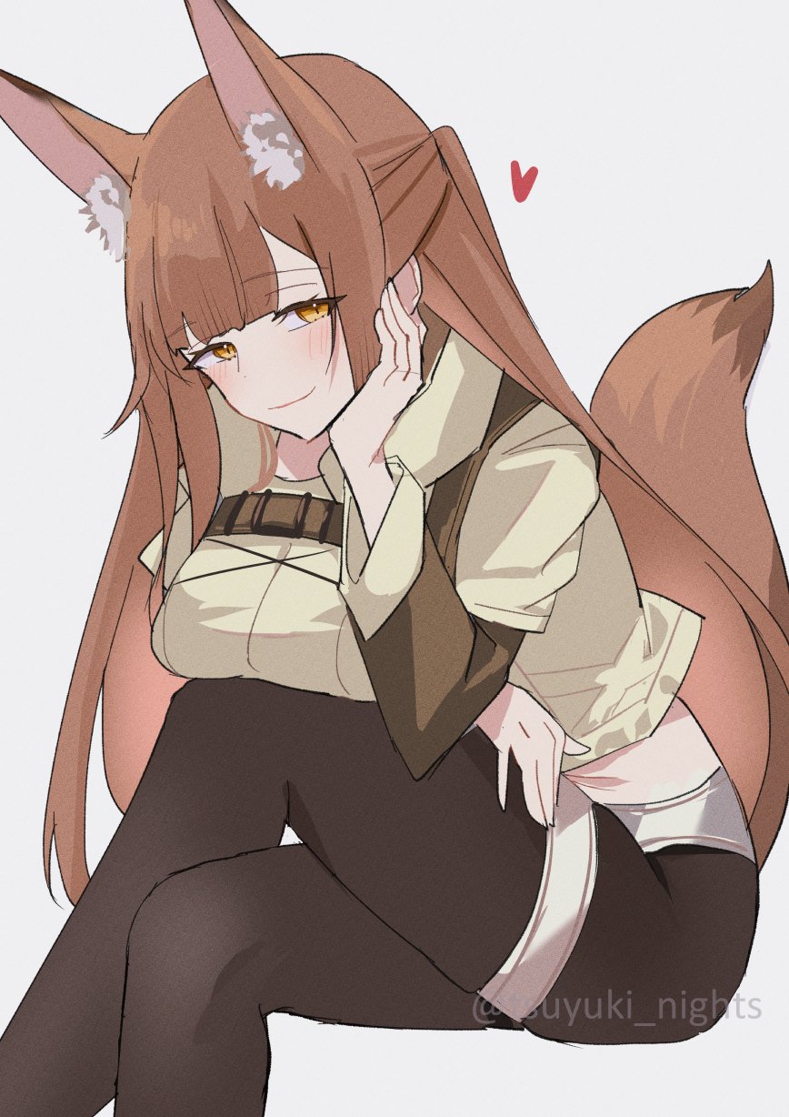 1girl, animal_ear_fluff, animal_ears, arknights, artist_name, black_pantyhose, blunt_bangs, blush, breasts, brown_eyes, brown_hair, brown_shirt, buckle, chest_strap, closed_mouth, collared_jacket, commentary_request, cropped_jacket, crossed_legs, feet_out_of_frame, fox_ears, fox_girl, fox_tail, franka_(arknights), franka_(rainforest_me_rainbow)_(arknights), from_side, half-closed_eyes, half_updo, hand_on_own_cheek, hand_on_own_face, hand_on_own_thigh, head_tilt, highres, jacket, large_breasts, leather_strap, long_hair, long_sleeves, looking_at_viewer, naughty_face, official_alternate_costume, pantyhose, parted_bangs, shirt, short_shorts, short_sleeves, shorts, sidelocks, simple_background, smile, solo, tail, tsuyuki_yuki, twitter_username, watermark, white_background, yellow_jacket