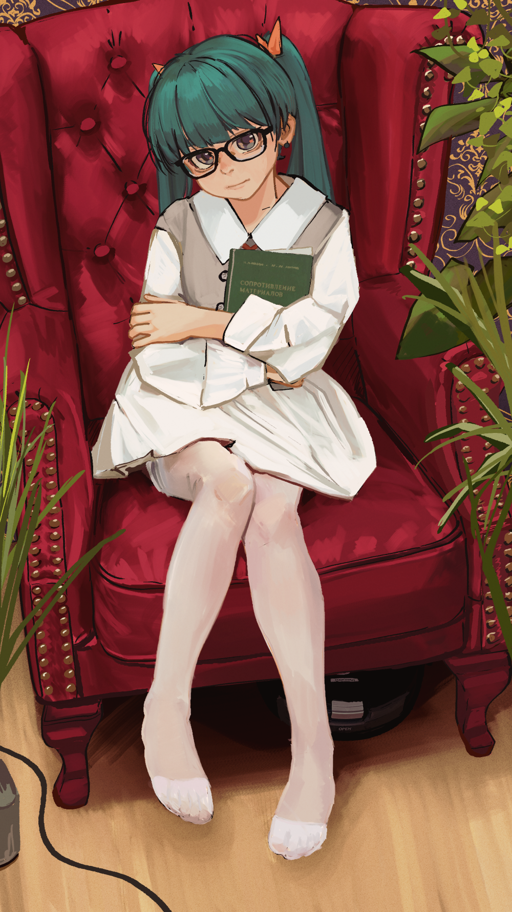 1girl, :|, armchair, black-framed_eyewear, book, brown_eyes, brown_vest, cable