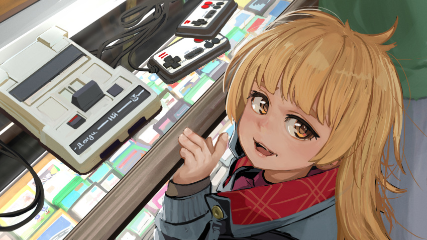 1girl, :3, :d, blonde_hair, coat, commentary, controller, cowlick, dendy, display_case, eyelashes, from_above, game_cartridge, game_console, game_controller, gamepad, grey_coat, highres, long_hair, long_sleeves, looking_at_viewer, looking_to_the_side, looking_up, loose_hair_strand, messy_hair, mixed-language_commentary, open_mouth, original, purple_shirt, red_coat, russian_commentary, servachok, shirt, shop, smile, solo, thick_eyebrows, two-sided_fabric, yellow_eyes, zhenya_(servachok)