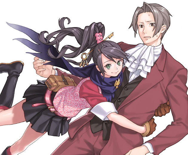 1boy, 1girl, ace_attorney, ace_attorney_investigations, annoyed, ascot, belt, black_hair