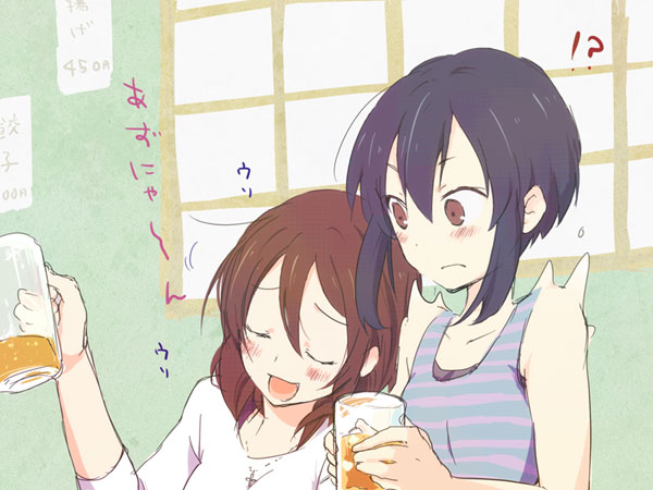 adult, alternate_hairstyle, beer, black_hair, blush, brown_eyes, brown_hair, casual, closed_eyes, drunk, glass, hair_ornament, hairclip, hirasawa_yui, k-on!, koyu, nakano_azusa, payot, short_hair, striped, translated