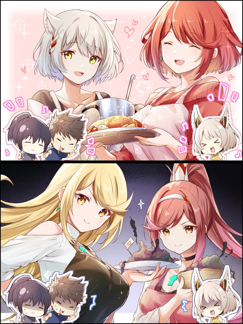 >_<, 2boys, 5girls, animal_ears, blonde_hair, braid, cat_ears, chest_jewel