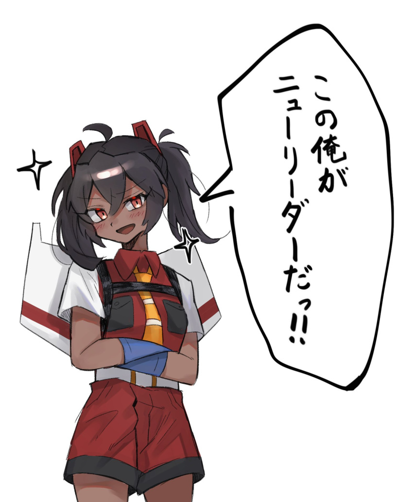 1girl, belt, black_hair, blue_gloves, blush, collared_shirt, cowlick, dark-skinned_female, dark_skin, genderswap, genderswap_(mtf), gloves, grey_belt, head_tilt, highres, humanization, idzuki_kenkyu-in, looking_at_viewer, medium_hair, necktie, orange_eyes, orange_necktie, red_shirt, red_shorts, shirt, shorts, solo, sparkle, speech_bubble, starscream, transformers, transformers:_war_for_cybertron_trilogy, translated, twintails