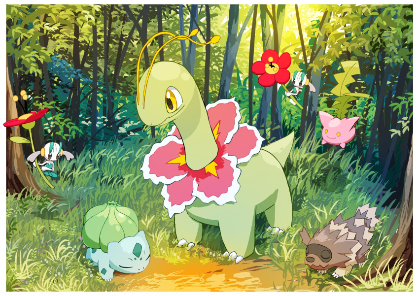 all_fours, blue_skin, brown_fur, bulbasaur, colored_skin, floating, floette, floette_(red)