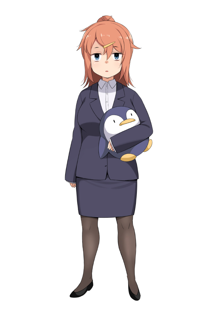1girl, black_footwear, black_pantyhose, black_skirt, black_suit, blue_eyes, breasts, business_suit