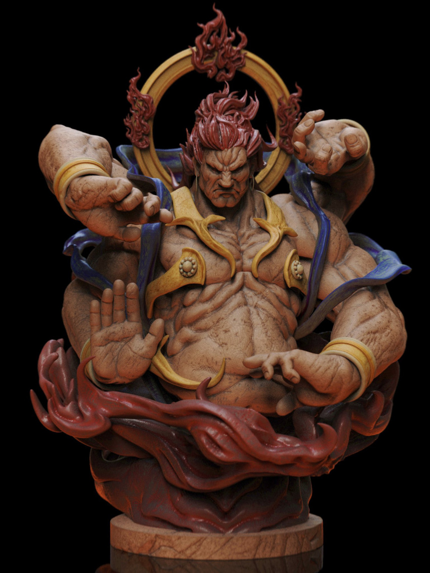 1boy, 3d, akuma_(street_fighter), cropped_torso, extra_arms, fiery_hair, figure, fire