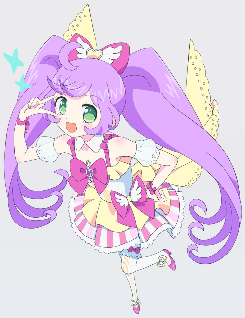 1girl, :d, ahoge, bare_shoulders, bow, commentary_request, detached_collar, detached_sleeves, dress, full_body, green_eyes, grey_background, hair_bow, hand_on_own_hip, idol_clothes, ku_(residual666), long_hair, looking_at_viewer, manaka_laala, multicolored_clothes, multicolored_dress, open_mouth, pink_bow, pink_footwear, pretty_series, pripara, puffy_detached_sleeves, puffy_sleeves, purple_hair, shoes, smile, solo, sparkle, standing, standing_on_one_leg, thigh-highs, treble_clef, twintails, v_over_eye, very_long_hair, white_thighhighs
