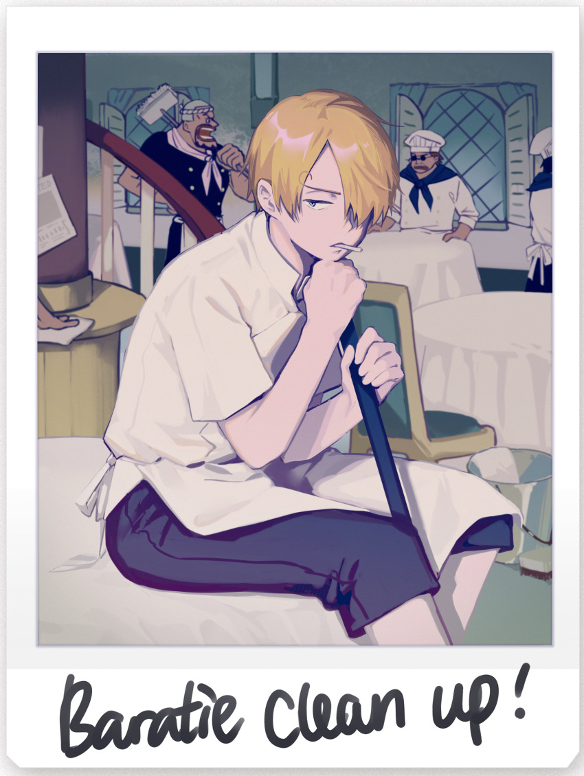 !, 4boys, aged_down, apron, beard, black_pants, blonde_hair, blue_eyes