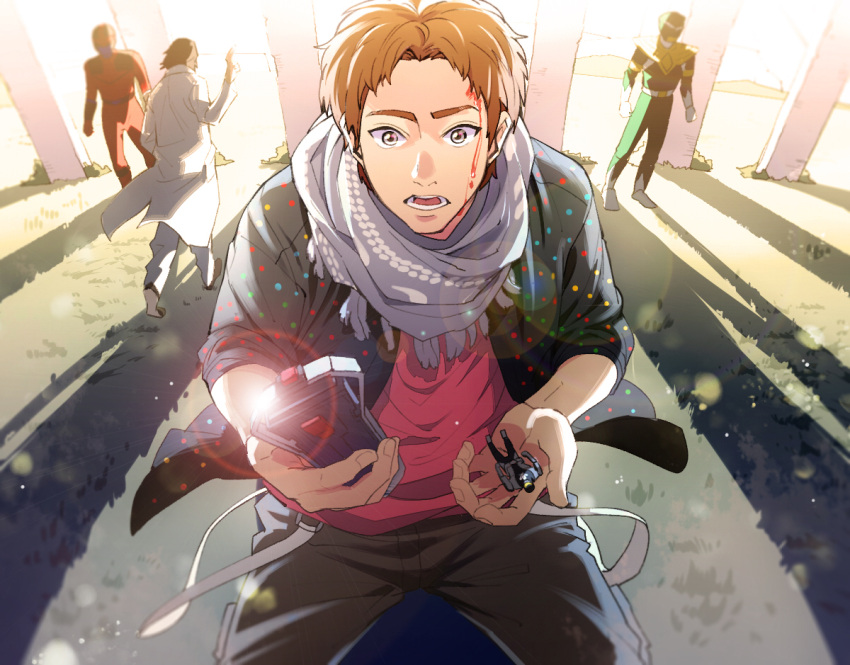 4boys, armor, bakuryuu_sentai_abaranger, black_jacket, blood, blood_on_face, blurry, blurry_background, bodysuit, brown_hair, dragon_ranger, from_behind, gokai_silver, green_bodysuit, grey_eyes, ikari_gai, jacket, kaizoku_sentai_gokaiger, kneeling, kyouryuu_sentai_zyuranger, light, mirai_sentai_timeranger, multiple_boys, nakadai_mikoto, pants, pink_shirt, power_armor, red_bodysuit, salute, scarf, shadow, shirt, short_hair, standing, super_sentai, t_k_g, time_fire, two-finger_salute, white_scarf