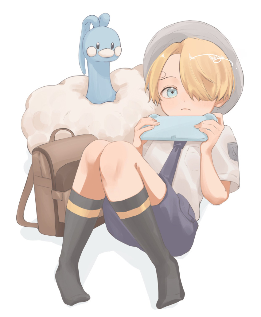 1boy, :<, aged_down, altaria, backpack, bag, black_necktie, black_socks
