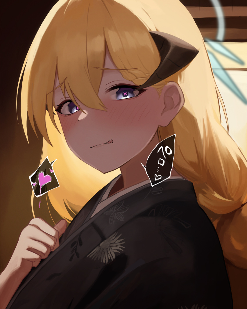 1girl, absurdres, akari_(blue_archive), akari_(new_year)_(blue_archive), black_horns, black_kimono, blonde_hair, blue_archive