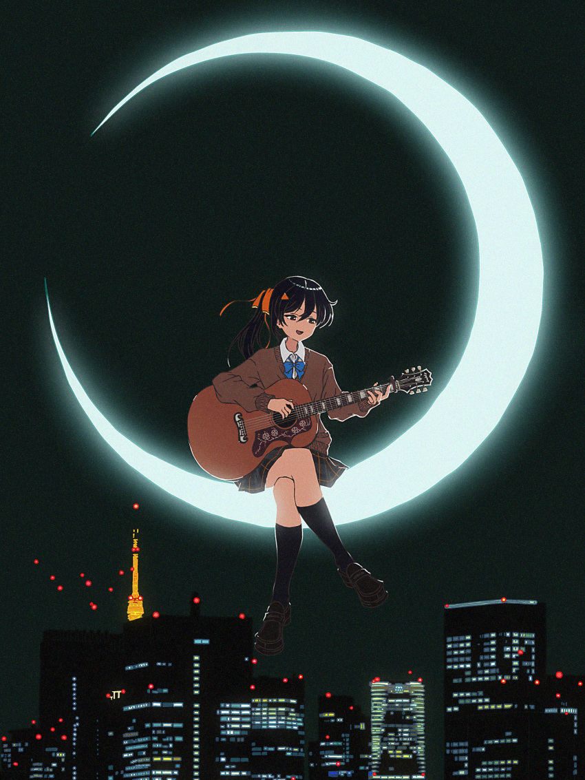 1girl, :d, black_eyes, black_hair, black_skirt, black_socks, blue_bow, blue_bowtie