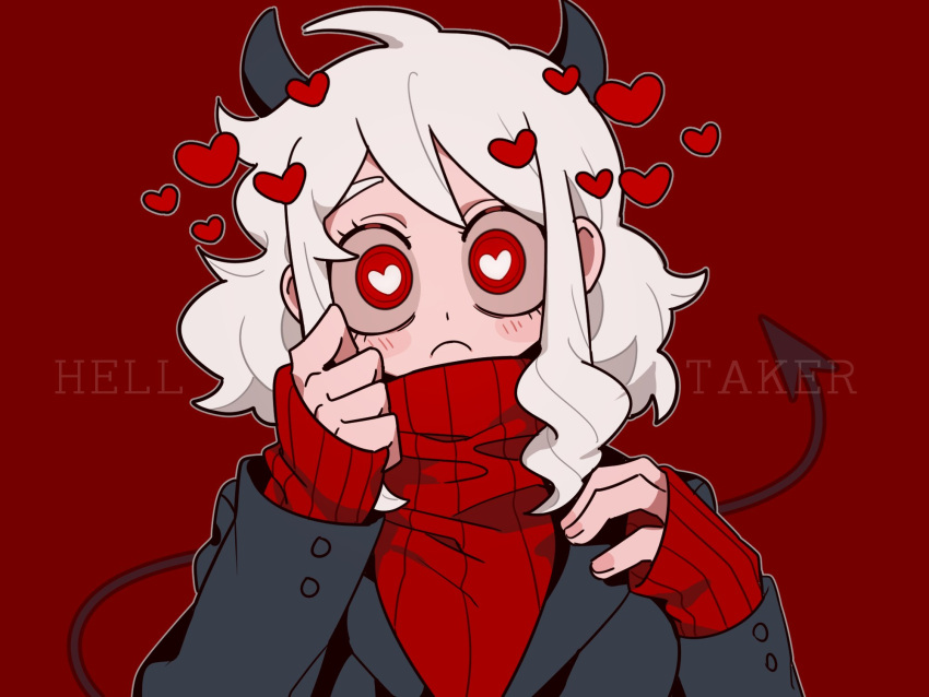 1girl, black_jacket, closed_mouth, copyright_name, demon_tail, frown, heart, heart-shaped_pupils, helltaker, highres, horns, jacket, korean_commentary, long_hair, long_sleeves, looking_at_viewer, modeus_(helltaker), red_background, red_sweater, simple_background, sleeves_past_wrists, solo, straight-on, sweater, symbol-shaped_pupils, tail, unn1666, upper_body, white_hair