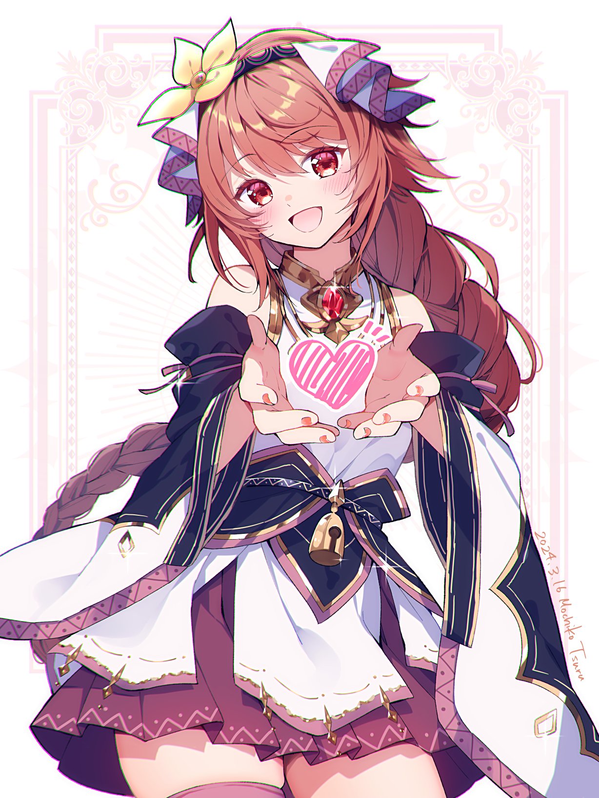 1girl, blush, border, braid, brooch, commentary, cowboy_shot, dated