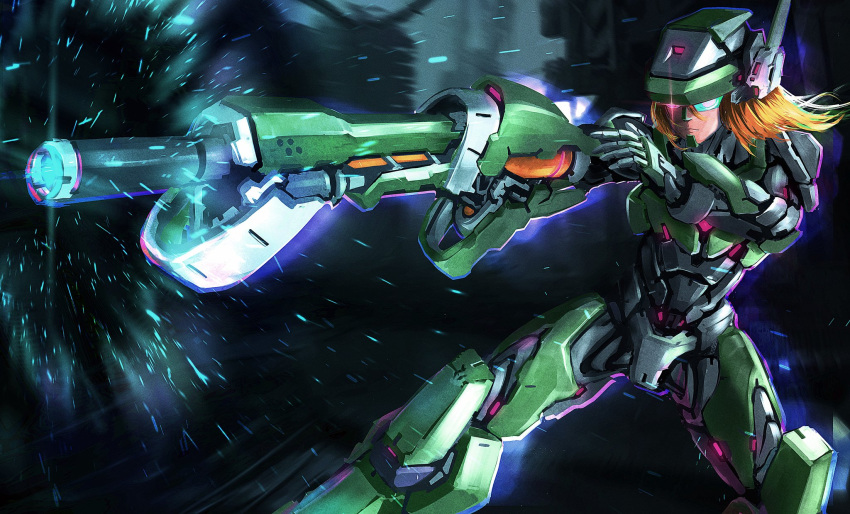 1boy, adapted_costume, arm_cannon, armor, energy_weapon, firing, glint, glowing