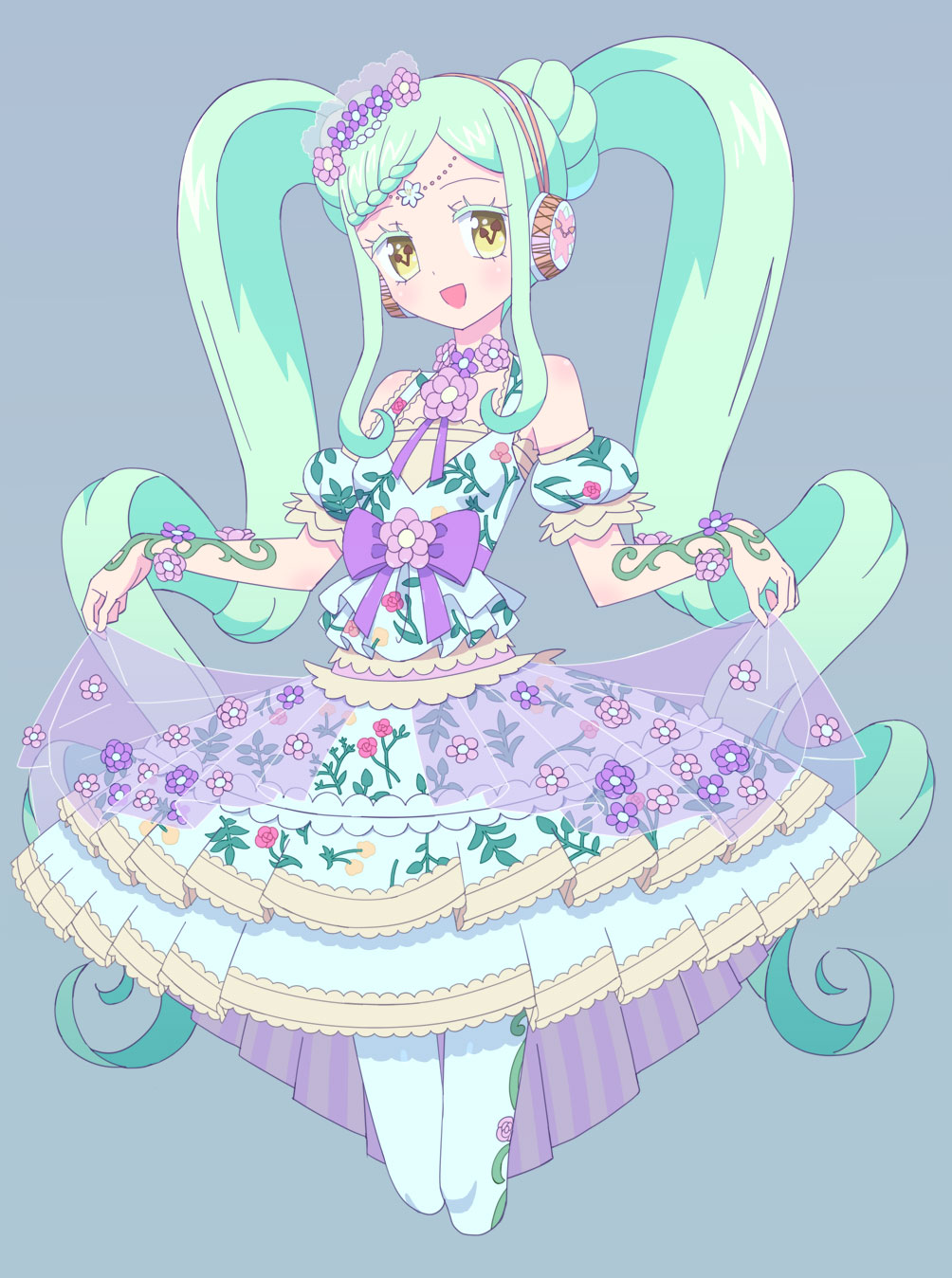 1girl, :d, braid, braided_bangs, breasts, cowboy_shot, cropped_legs, dress, falala_a_larm, floral_print, flower, frilled_dress, frills, green_hair, grey_background, head_chain, headphones, highres, idol_clothes, idol_time_pripara, ku_(residual666), long_hair, looking_at_viewer, open_mouth, pink_flower, pretty_series, print_dress, pripara, purple_flower, sidelocks, simple_background, skirt_hold, small_breasts, smile, solo, standing, symbol-shaped_pupils, twintails, very_long_hair, white_dress, yellow_eyes