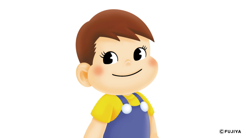 1boy, blue_overalls, blush, brown_hair, eyelashes, fujiya, highres, non-web_source, original, overalls, poko-chan, shirt, short_hair, smile, spiky_hair, yellow_shirt
