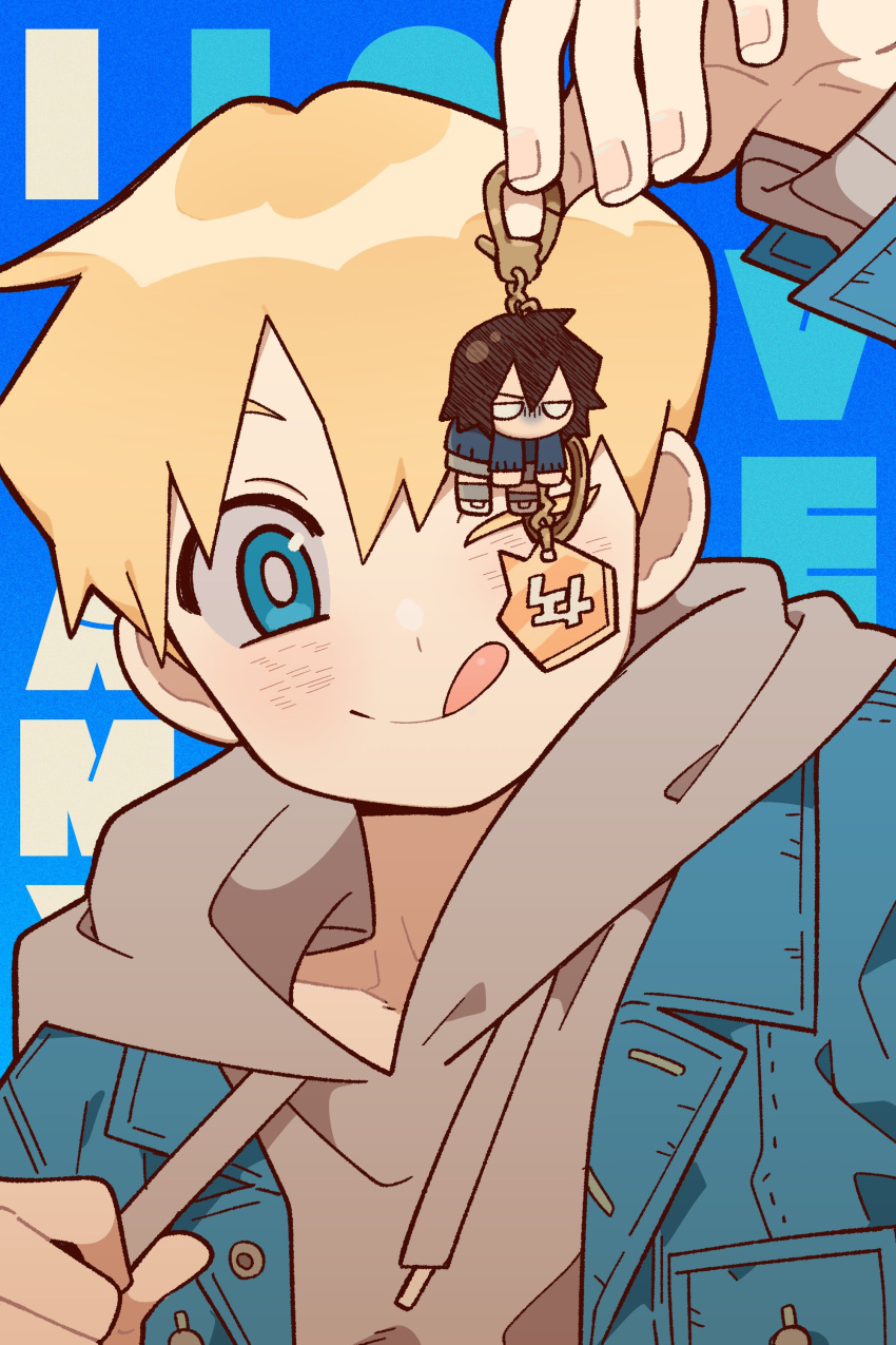 1boy, 1girl, absurdres, amelia_lee, black_hair, blonde_hair, blue_background, blue_eyes