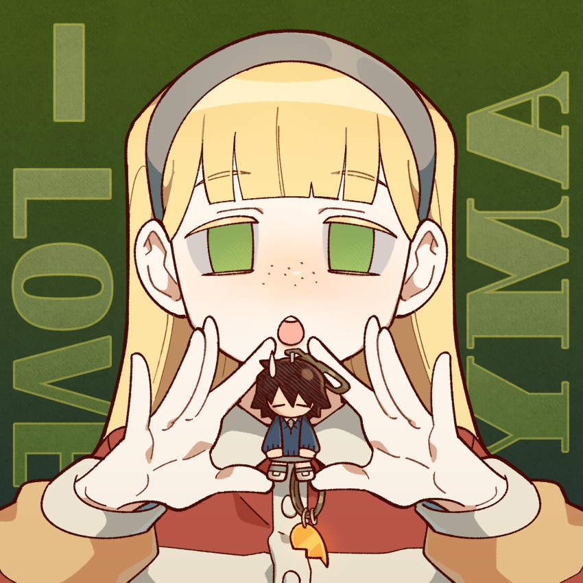 2girls, amelia_lee, blonde_hair, blunt_bangs, broken_heart, charm_(object), chestnut_mouth, copyright_name, freckles, gradient_background, green_background, green_eyes, grey_hairband, hairband, heart, highres, i_love_amy, linda_(i_love_amy), long_hair, looking_at_viewer, mini_person, minigirl, multiple_girls, open_mouth, shirt, straight_hair, striped_clothes, striped_shirt, sweatdrop, teeth, unn1666, upper_body, upper_teeth_only