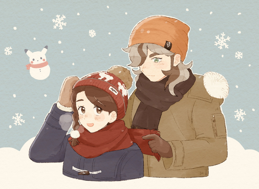 1boy, 1girl, arven_(pokemon), beanie, blush, braid, brown_coat, brown_eyes