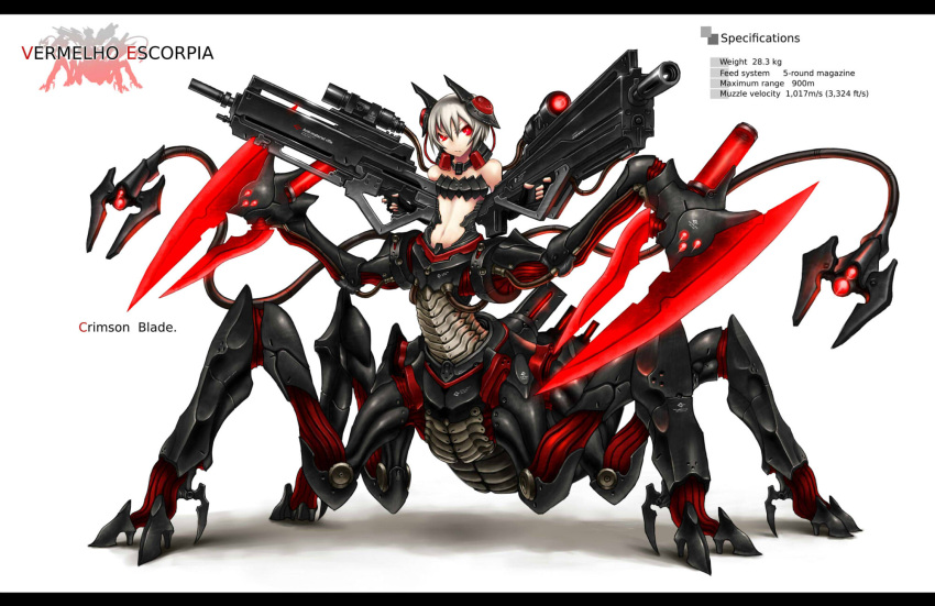 arachnid, drider, dual_wielding, gia, gun, highres, mecha, original, red_eyes, rifle, short_hair, silver_hair, sniper_rifle, solo, weapon