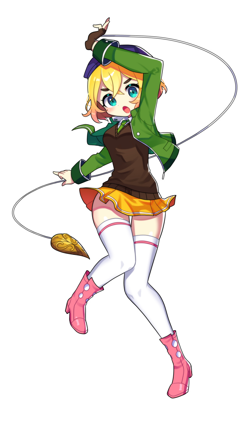 1girl, absurdres, arm_up, blonde_hair, blue_eyes, breasts, brown_gloves, commission, cosplay, eltnum, eltnum_(cosplay), fingerless_gloves, full_body, gloves, green_necktie, highres, kanojo_okarishimasu, long_sleeves, looking_at_viewer, medium_breasts, melty_blood, nanami_mami, necktie, offbeat, open_mouth, orange_skirt, pixiv_commission, short_hair, single_fingerless_glove, sion_eltnam_atlasia, skirt, solo, thigh-highs, transparent_background, tsukihime, under_night_in-birth, white_thighhighs