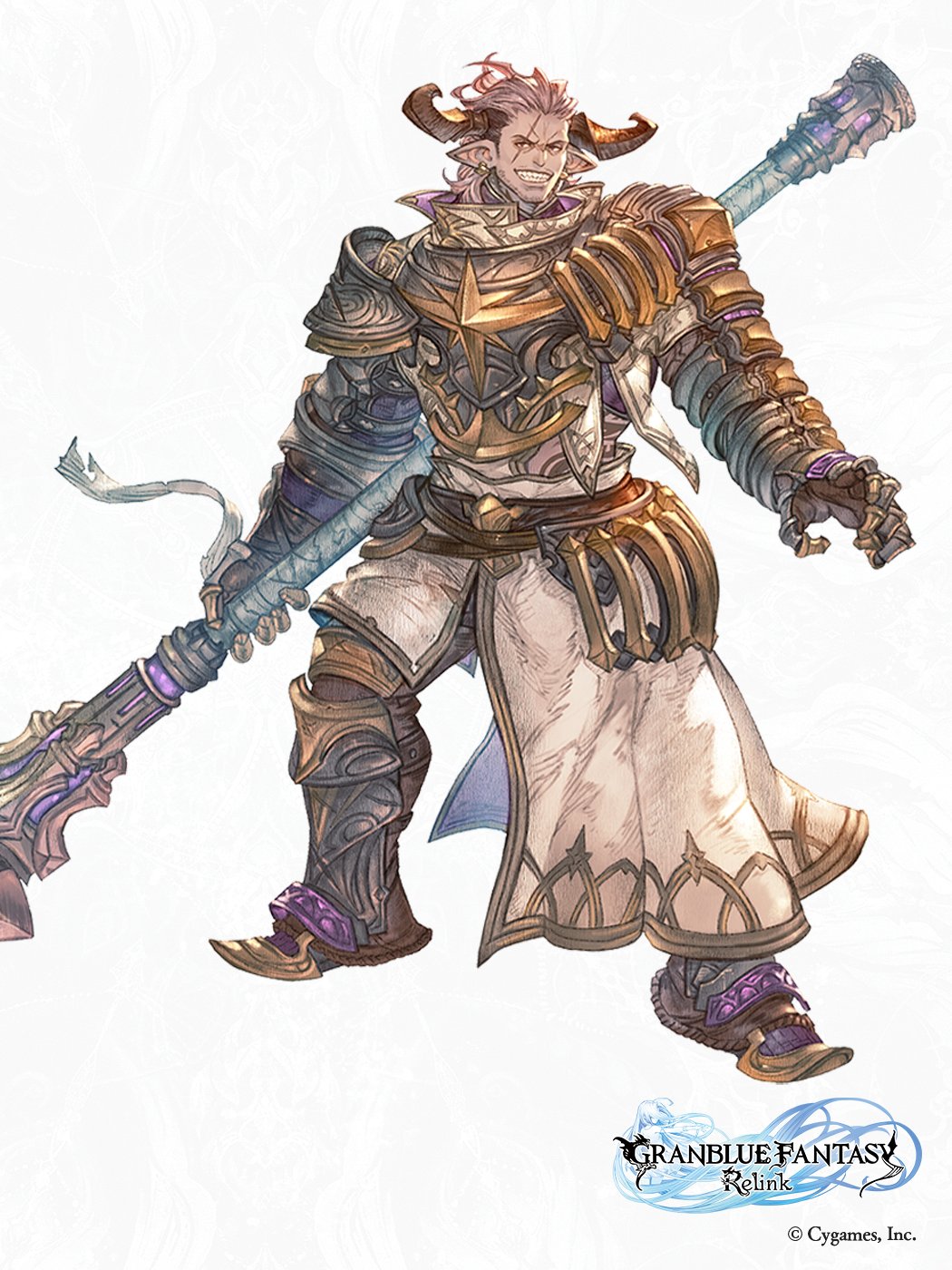 1boy, armor, armored_boots, armored_dress, belt, boots, brown_eyes, copyright_name, draph, earrings, gallanza_(granblue_fantasy:_relink), granblue_fantasy, granblue_fantasy:_relink, hammer, highres, holding, holding_weapon, horns, jewelry, logo, male_focus, minaba_hideo, muscular, muscular_male, pointy_ears, purple_hair, scar, scar_on_face, sharp_teeth, shoulder_armor, simple_background, smile, solo, teeth, weapon, white_background