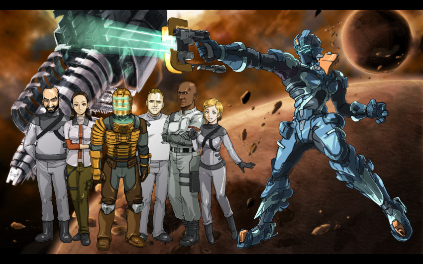 challus_mercer, dead_space, dead_space_2, everyone, eyebrows, gun, gundam, gundam_00, isaac_clarke, ishimura, kendra_daniels, kojamerii, nicole_brennan, parody, planet, plasma_cutter, smile, space, space_craft, terrence_kyne, thick_eyebrows, wallpaper, weapon, zach_hammond