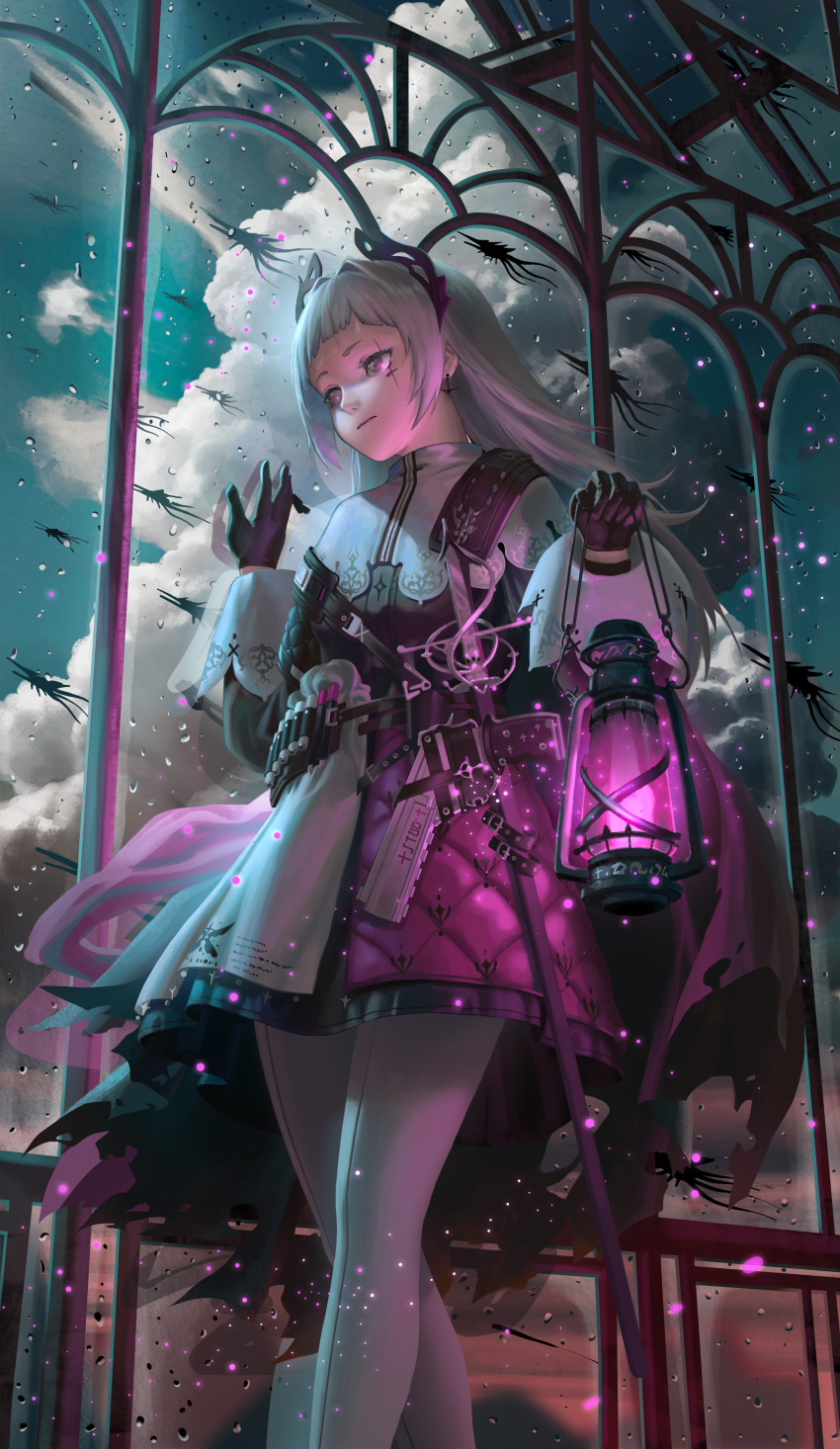 1girl, absurdres, arknights, black_cape, black_gloves, black_shirt, black_sleeves, blue_sky