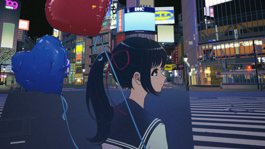 1girl, balloon, black_eyes, black_hair, black_sailor_collar, building, cityscape, closed_mouth