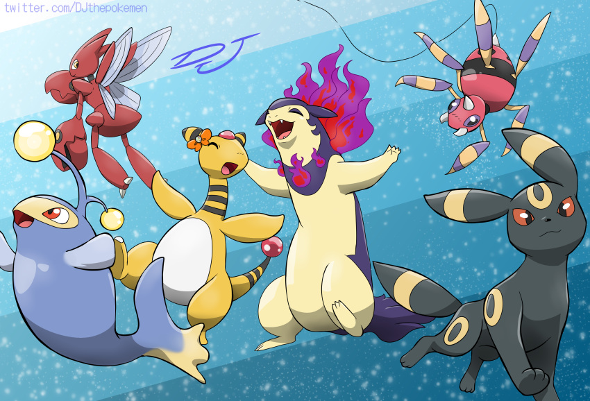 absurdres, ampharos, ariados, closed_eyes, closed_mouth, commentary, commission, fangs