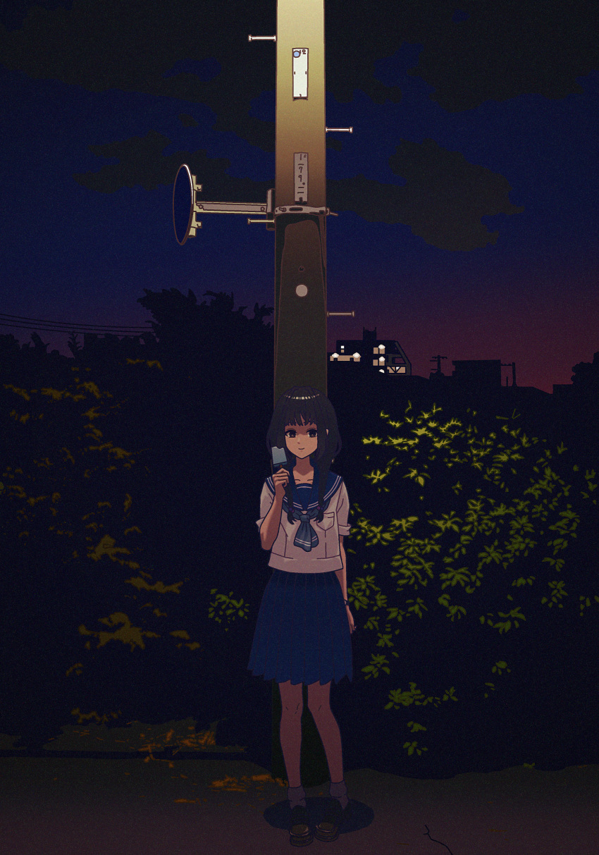 1girl, against_wall, amemori_sayo, arm_behind_back, black_eyes, black_hair, black_sailor_collar, black_skirt