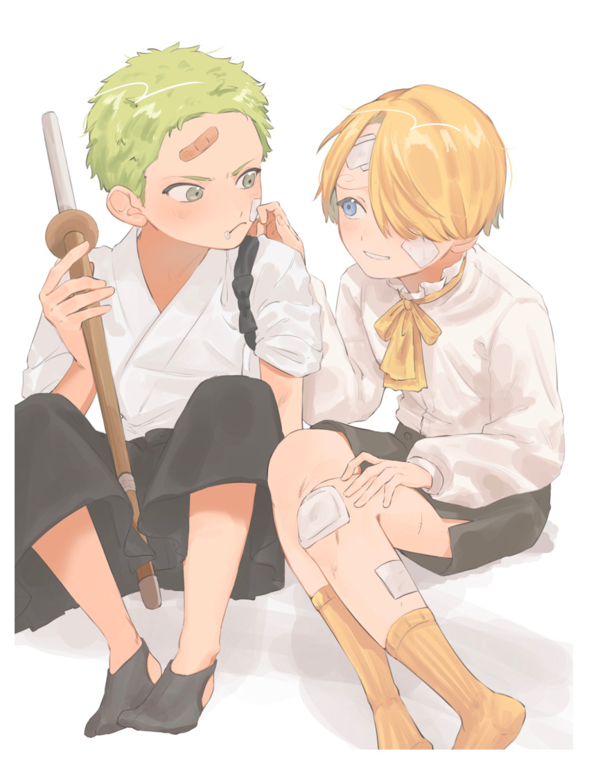 2boys, aged_down, annoyed, ascot, bandage_on_face, bandage_on_knee, bandage_on_leg, bandages